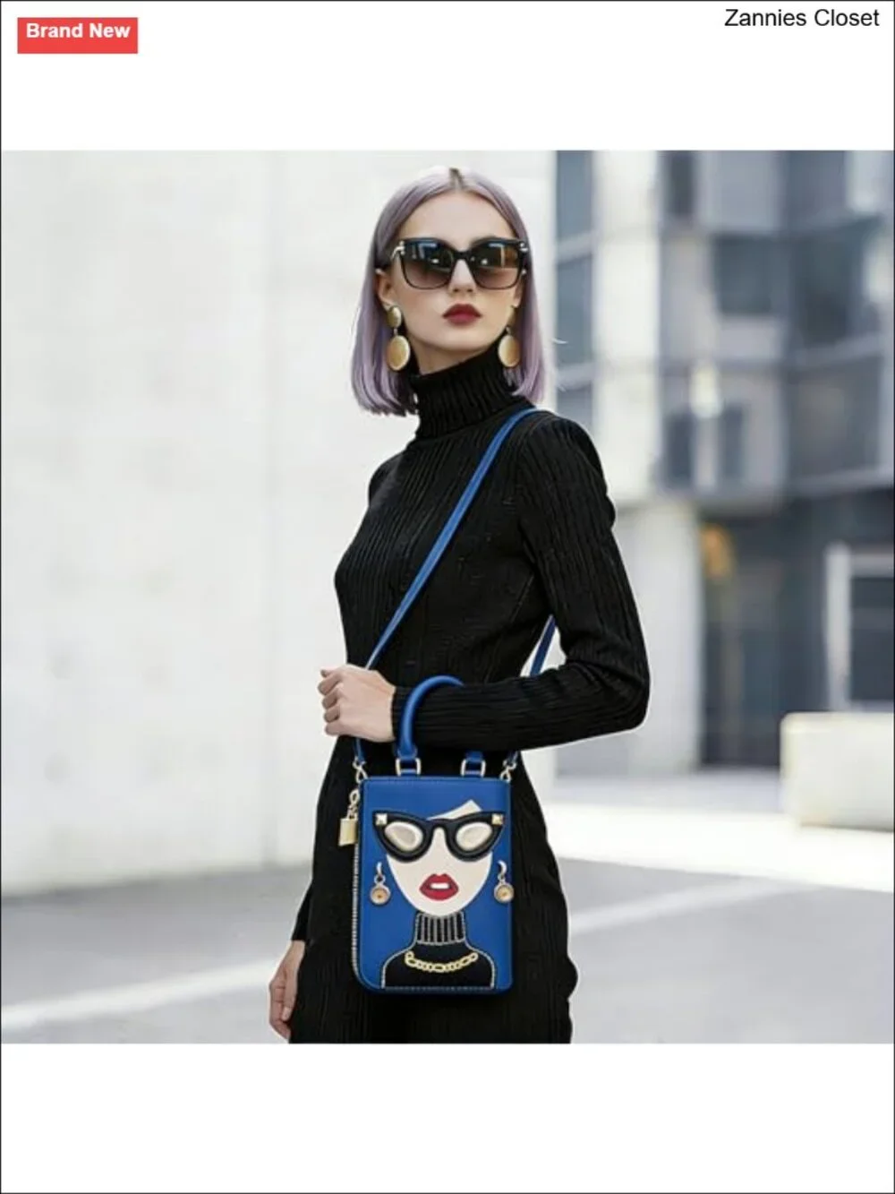 PU Leather Satchel Handbag with 3D Lady Face Charm and Gold Plated Accents